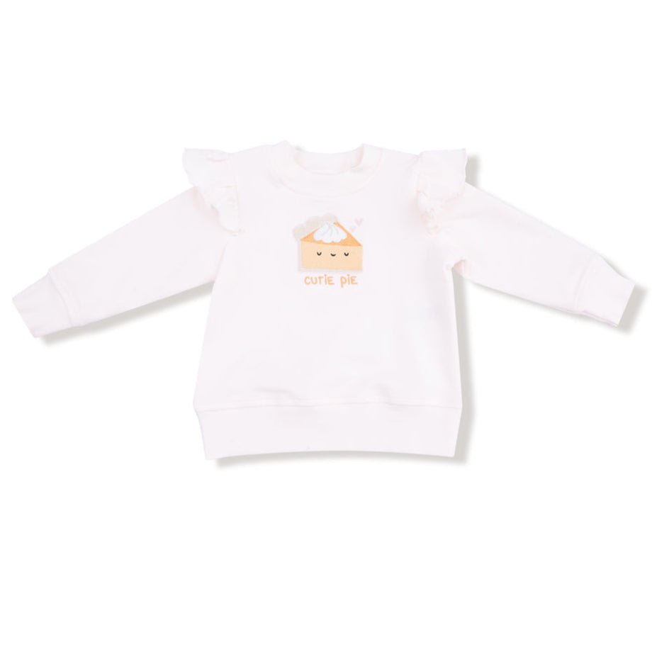 White ruffle sweatshirt with pumpkin pie embroidery and “Cutie Pie” text