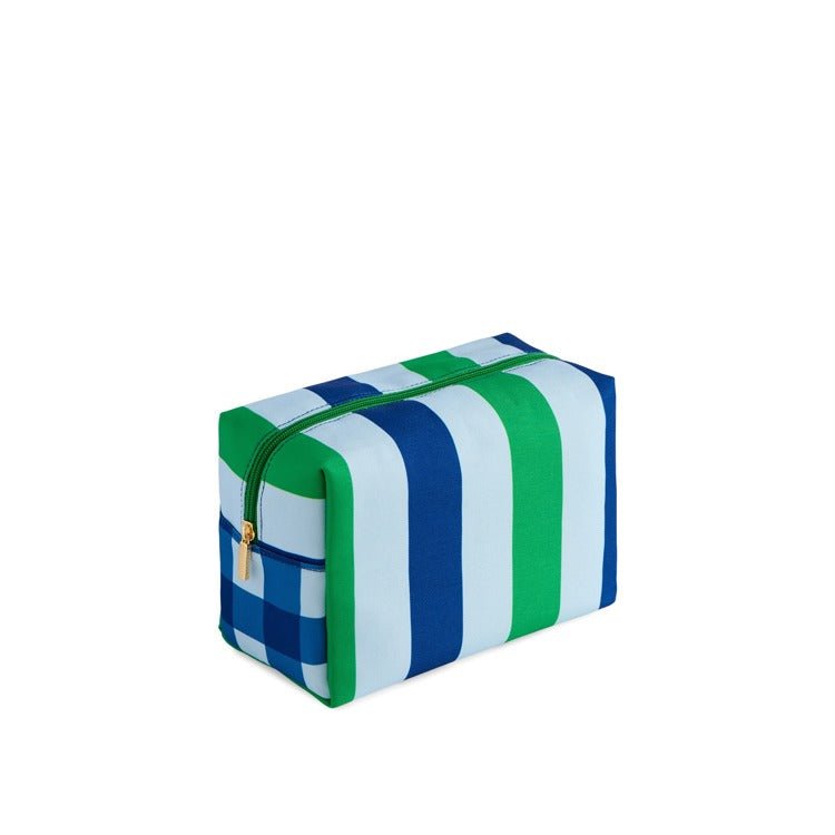 Rectangular striped pouch with green zipper on a white background