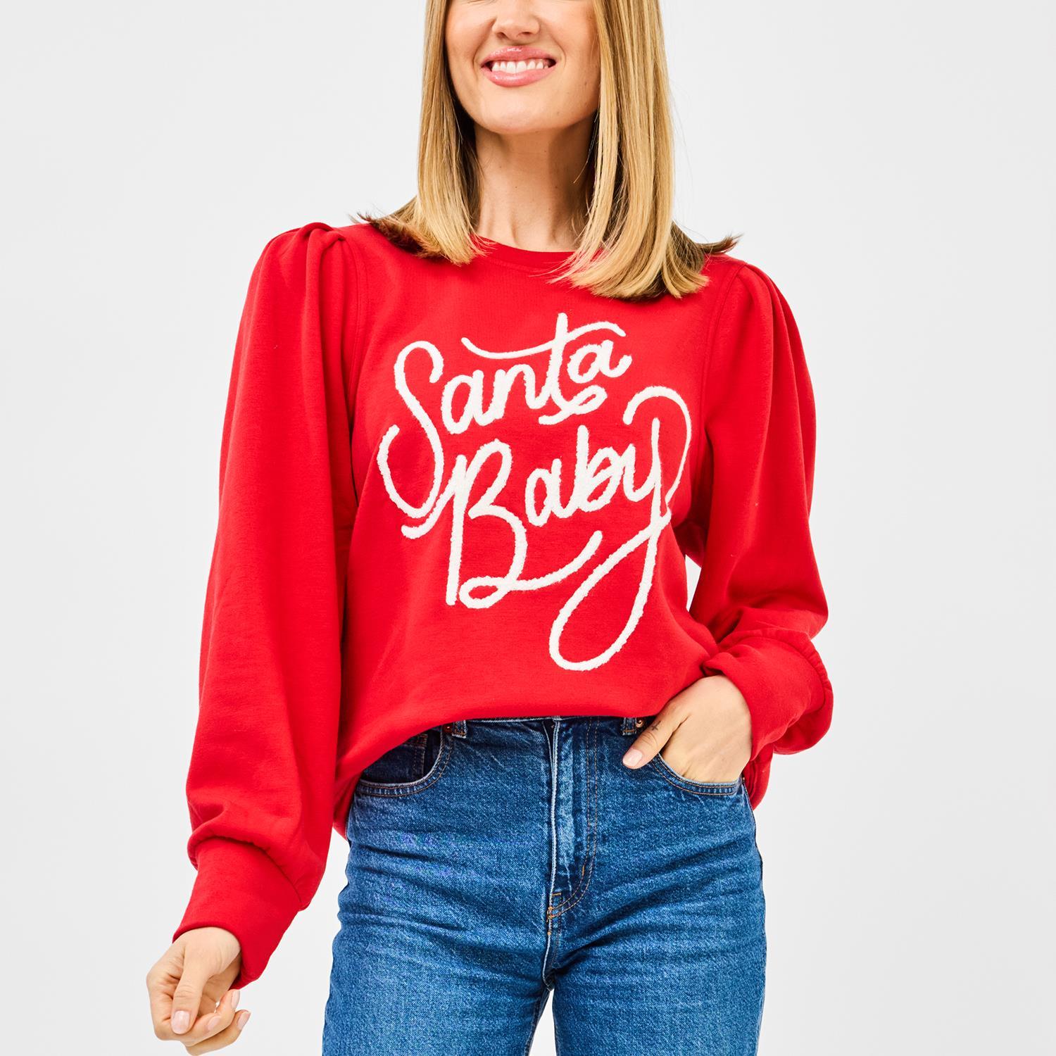Red Mary Square sweatshirt with white “Santa Baby” chenille lettering, long puff sleeves