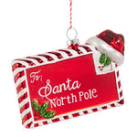 5-inch red glass ornament shaped like a letter to Santa Claus with festive detailing.