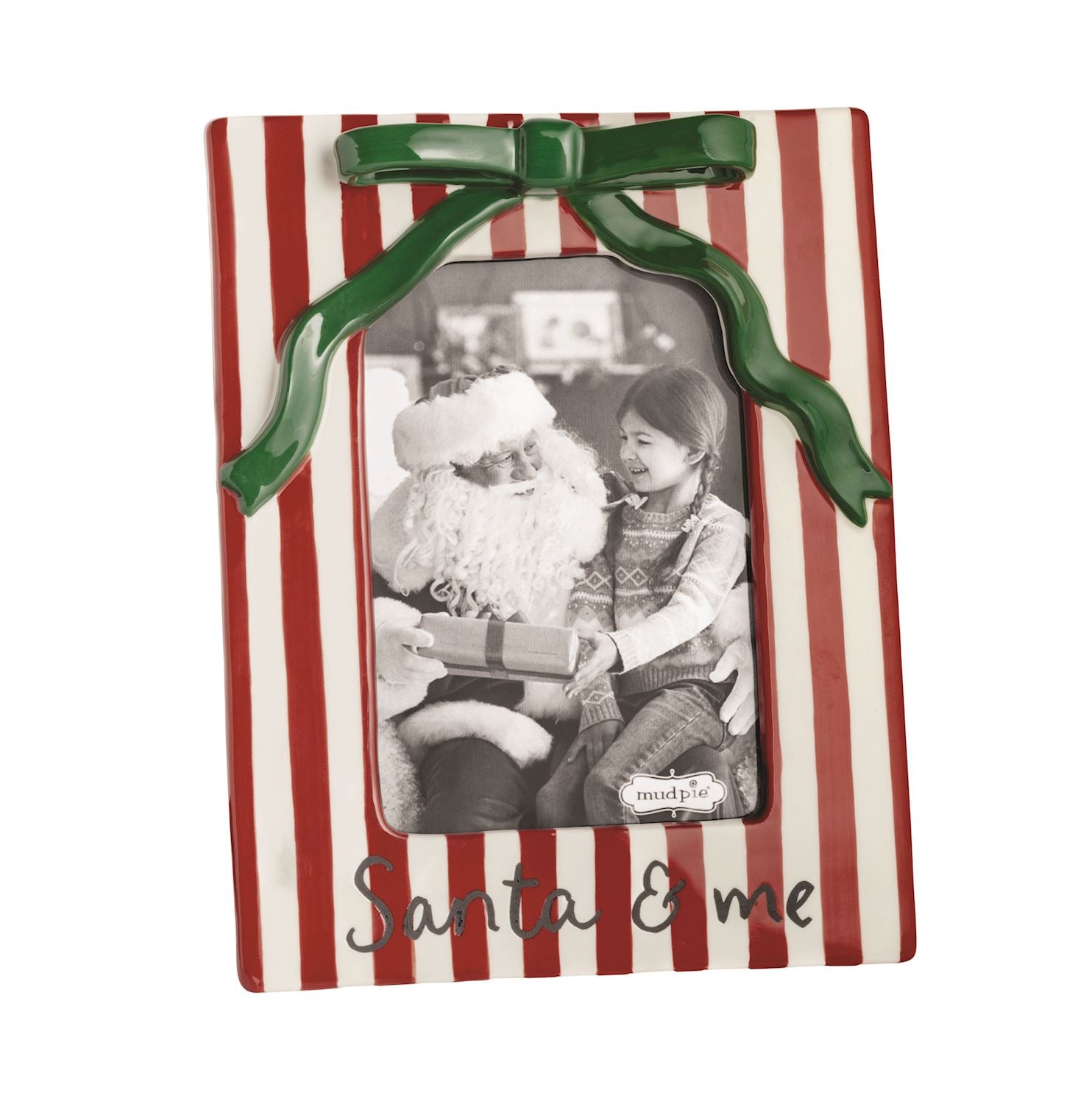 Santa and child photo in red and white striped ceramic Christmas frame with green bow