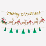 Santa and reindeer Christmas garland set with gold Merry Christmas letters, 3D trees, and velvet bow details