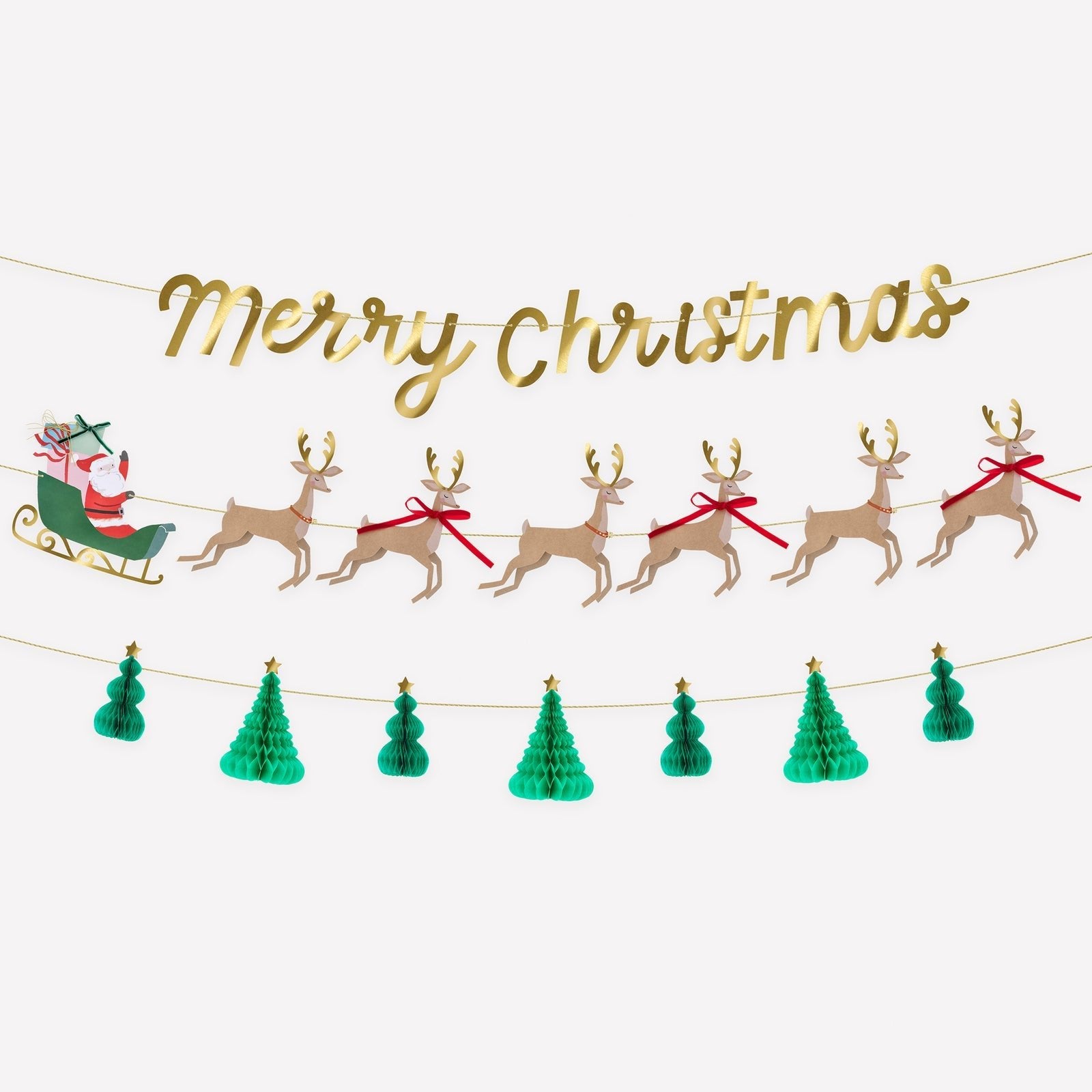 Santa and reindeer Christmas garland set with gold Merry Christmas letters, 3D trees, and velvet bow details