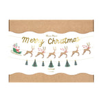 Santa and reindeer Christmas garland set with gold Merry Christmas letters, 3D trees, and velvet bow details