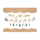 Santa and reindeer Christmas garland set with gold Merry Christmas letters, 3D trees, and velvet bow details
