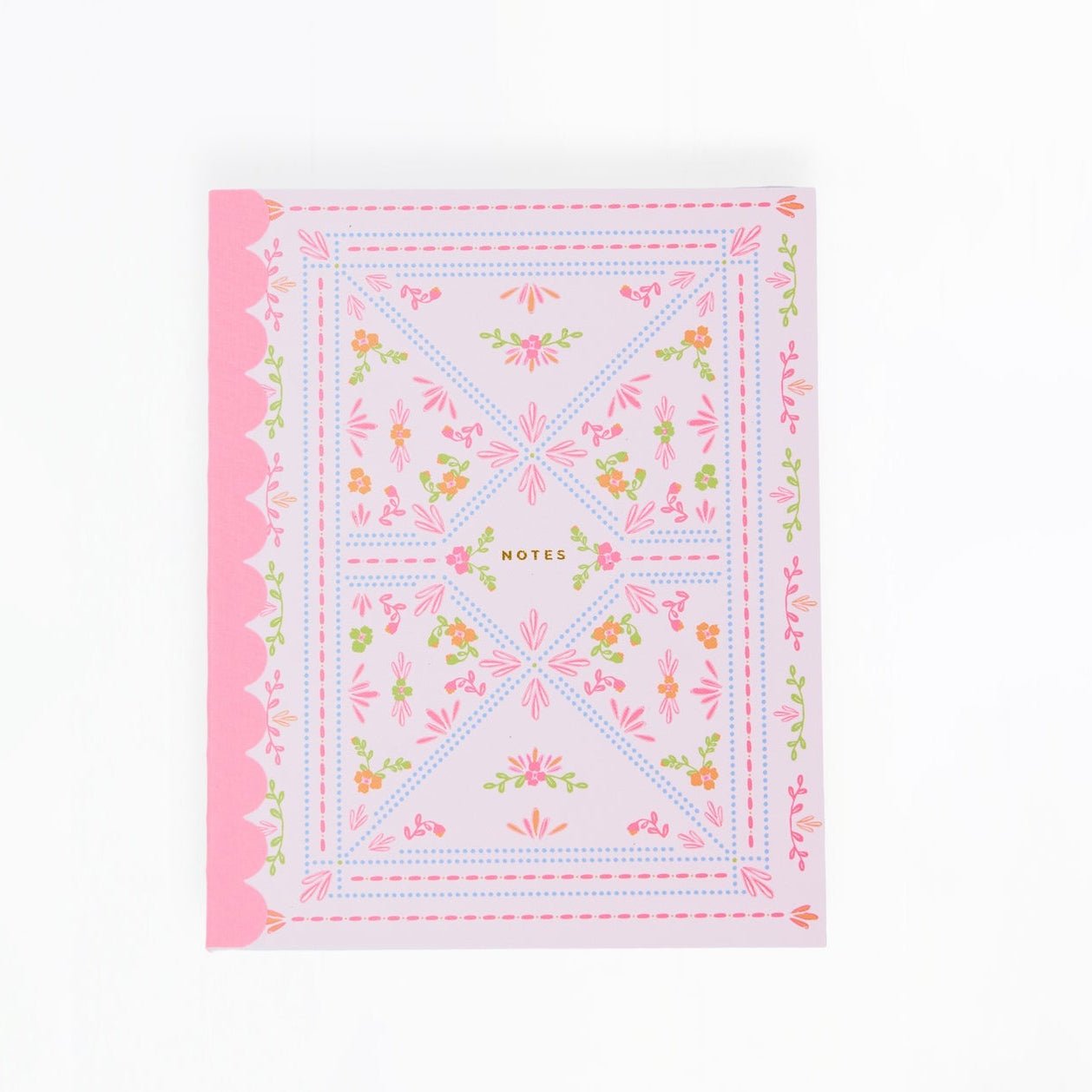 Floral patterned fabric square with pink border on a white background