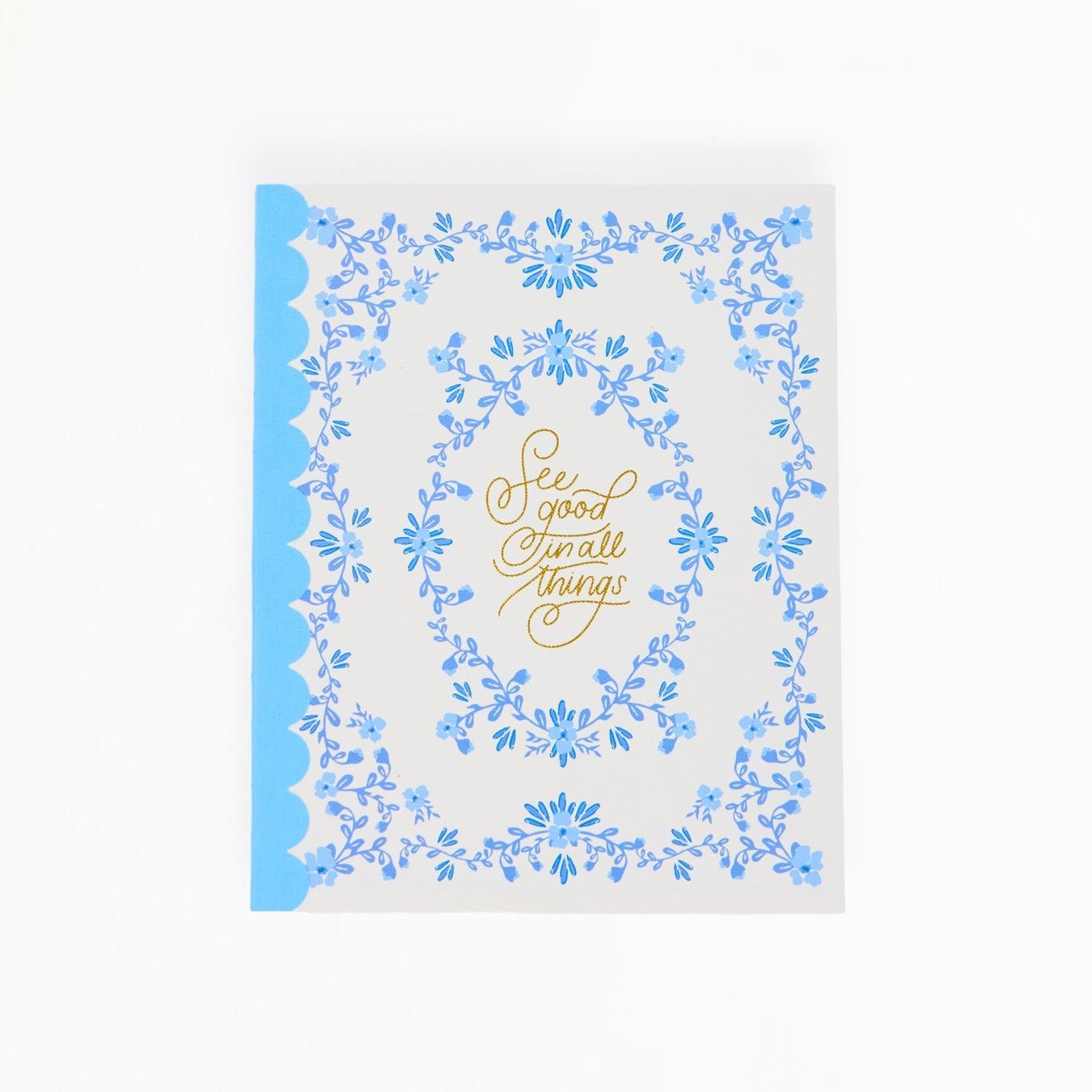 Decorative card with blue floral pattern and 'Do good, choose wisely' text on a white background