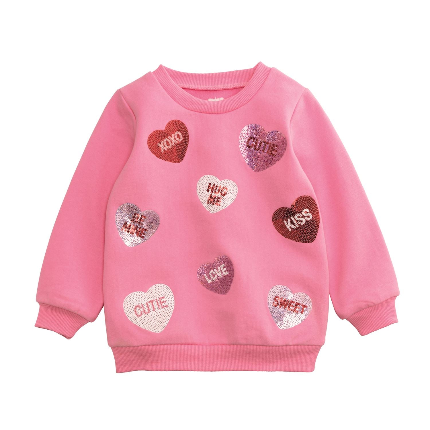 Pink toddler sweatshirt with sequin conversation heart appliques and ribbed trim