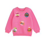 pink kids holiday sweatshirt with sequin ornament appliqués