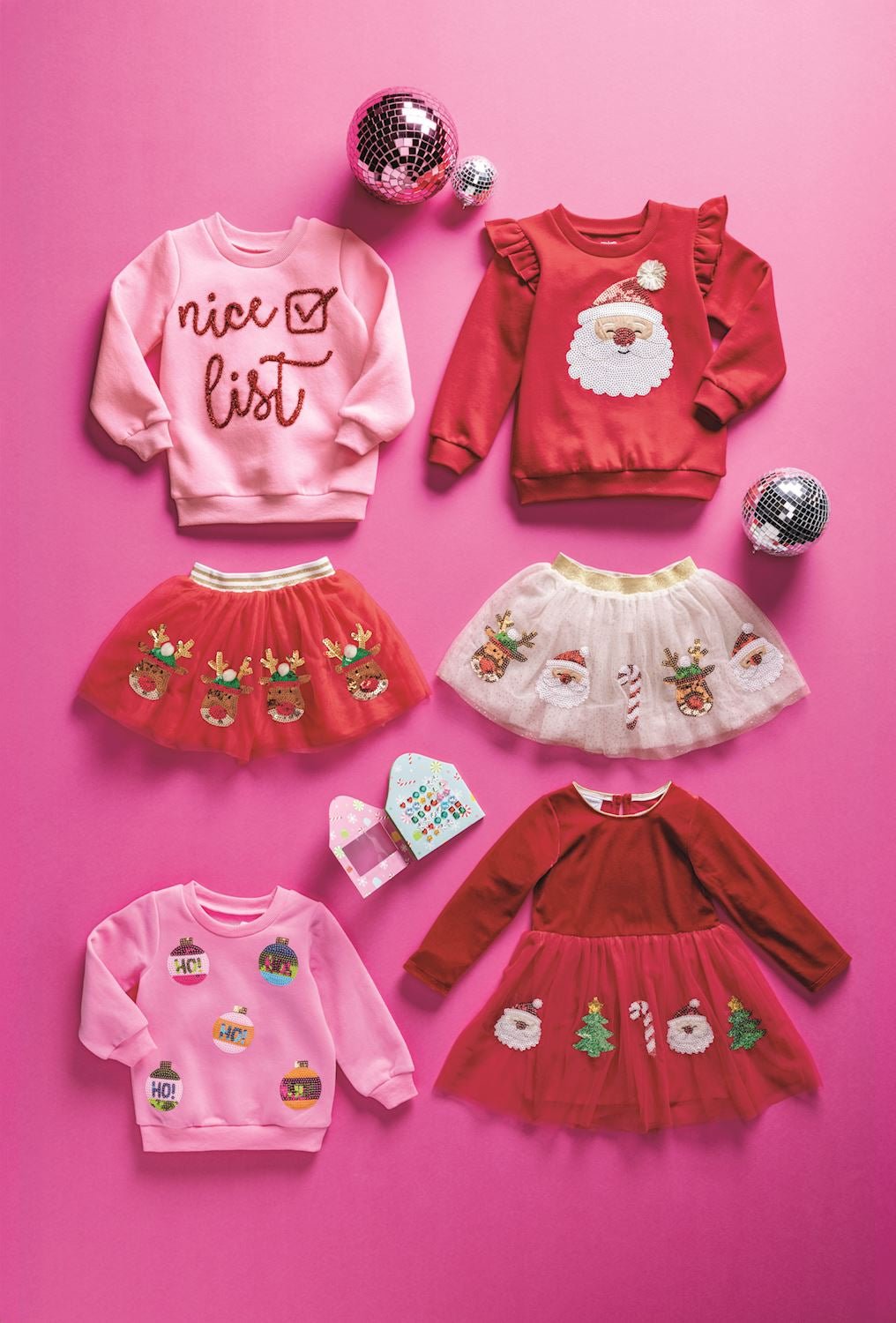 Sequin Ornament Holiday Sweatshirt – Pink French Terry Pullover by Mud Pie at Confetti Gift and Party Tuscaloosa Alabama