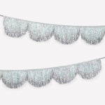 Silver and iridescent scalloped tinsel garland with glitter ribbon for Christmas decorating