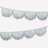 Silver and iridescent scalloped tinsel garland with glitter ribbon for Christmas decorating