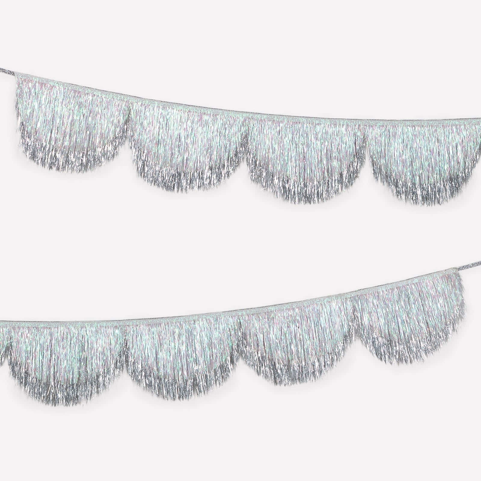 Silver and iridescent scalloped tinsel garland with glitter ribbon for Christmas decorating