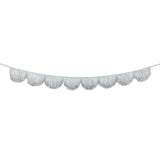 Silver and iridescent scalloped tinsel garland with glitter ribbon for Christmas decorating