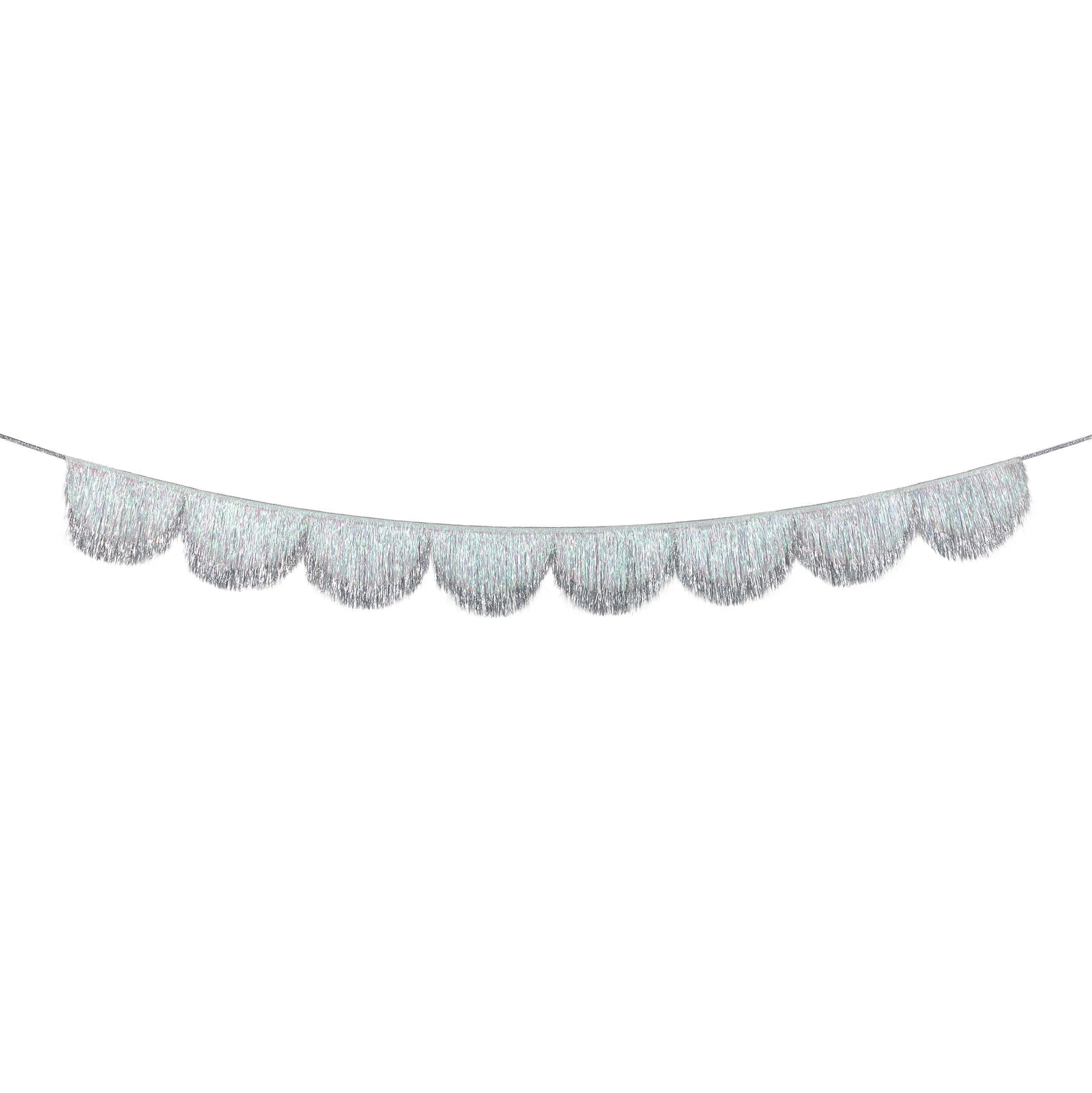 Silver and iridescent scalloped tinsel garland with glitter ribbon for Christmas decorating