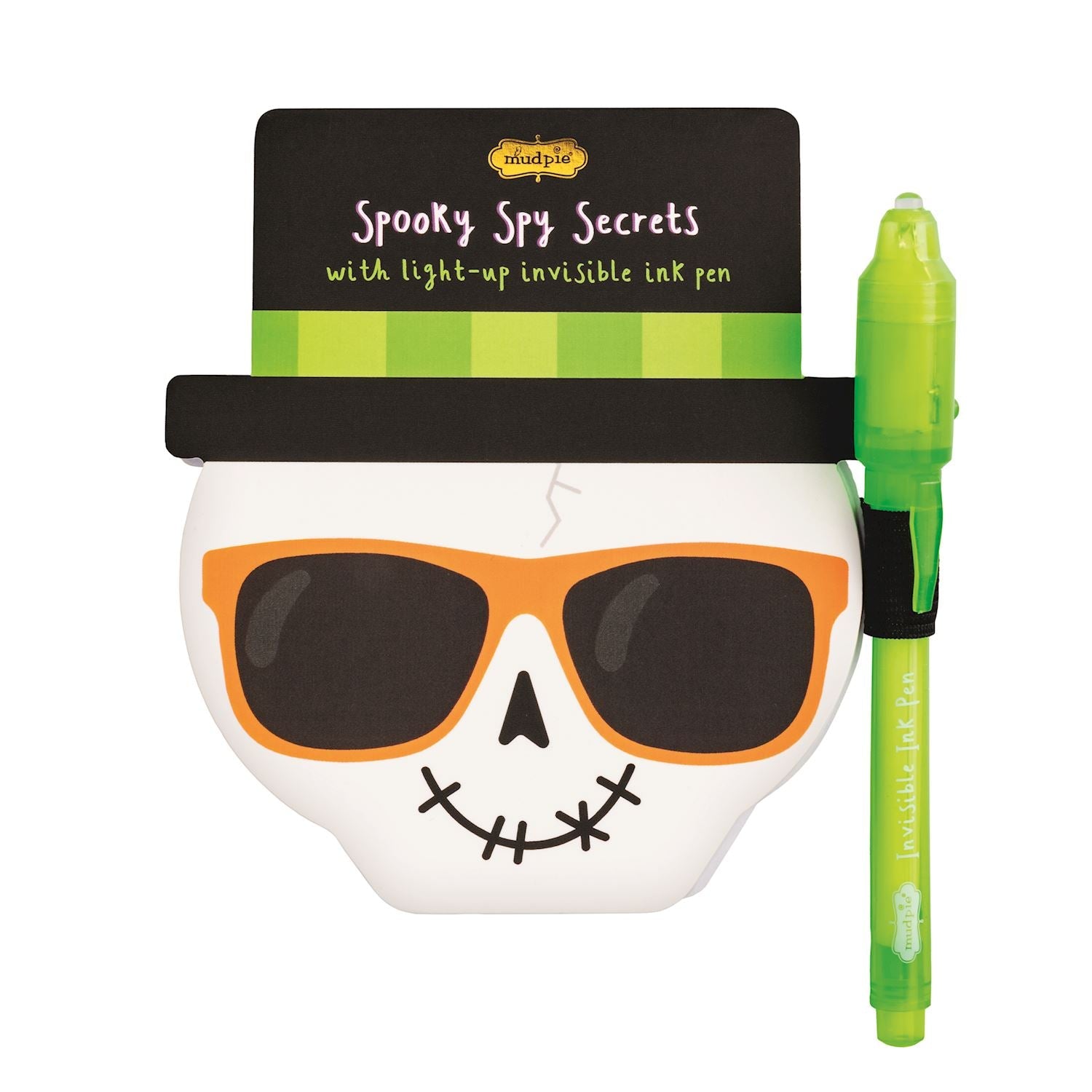 A skeleton-themed invisible ink pad with a pen designed for kids' activities, featuring a skull with sunglasses on the cap and a light for revealing invisible ink.