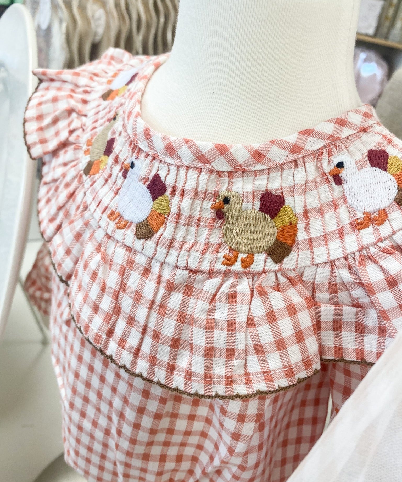 Smocked Turkey Embroidered Gingham Baby Bubble – Fall Outfit for Girls by Mud Pie at Confetti Gift and Party Tuscaloosa Alabama