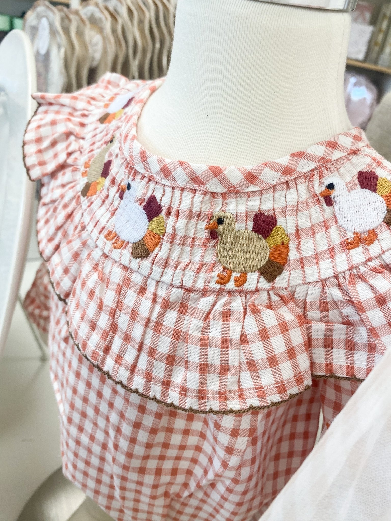 Smocked Turkey Embroidered Gingham Baby Bubble – Fall Outfit for Girls by Mud Pie at Confetti Gift and Party Tuscaloosa Alabama
