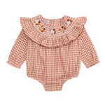Orange gingham long-sleeve baby bubble with embroidered turkey smocking, ruffle collar, and leg snap