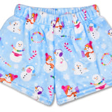 Children’s Corey Paige Snow Days plush shorts with multicolor holiday graffiti-style print, back pocket, and elastic waistband.