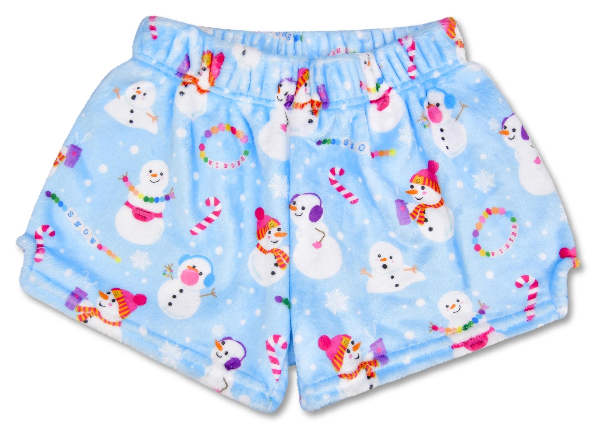 Children’s Corey Paige Snow Days plush shorts with multicolor holiday graffiti-style print, back pocket, and elastic waistband.