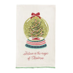 Cotton hand towel with embroidered snow globe, Christmas tree, and green pom trim