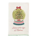 Cotton hand towel with embroidered snow globe, Christmas tree, and green pom trim