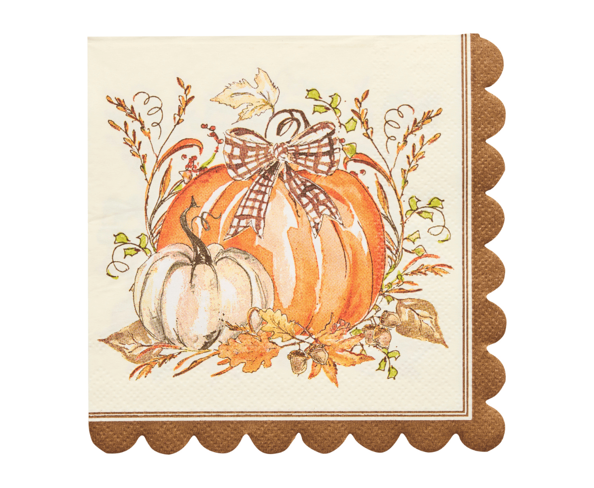 Fall-themed scalloped cocktail napkin with illustrated pumpkins and gingham bow