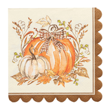Fall-themed scalloped cocktail napkin with illustrated pumpkins and gingham bow