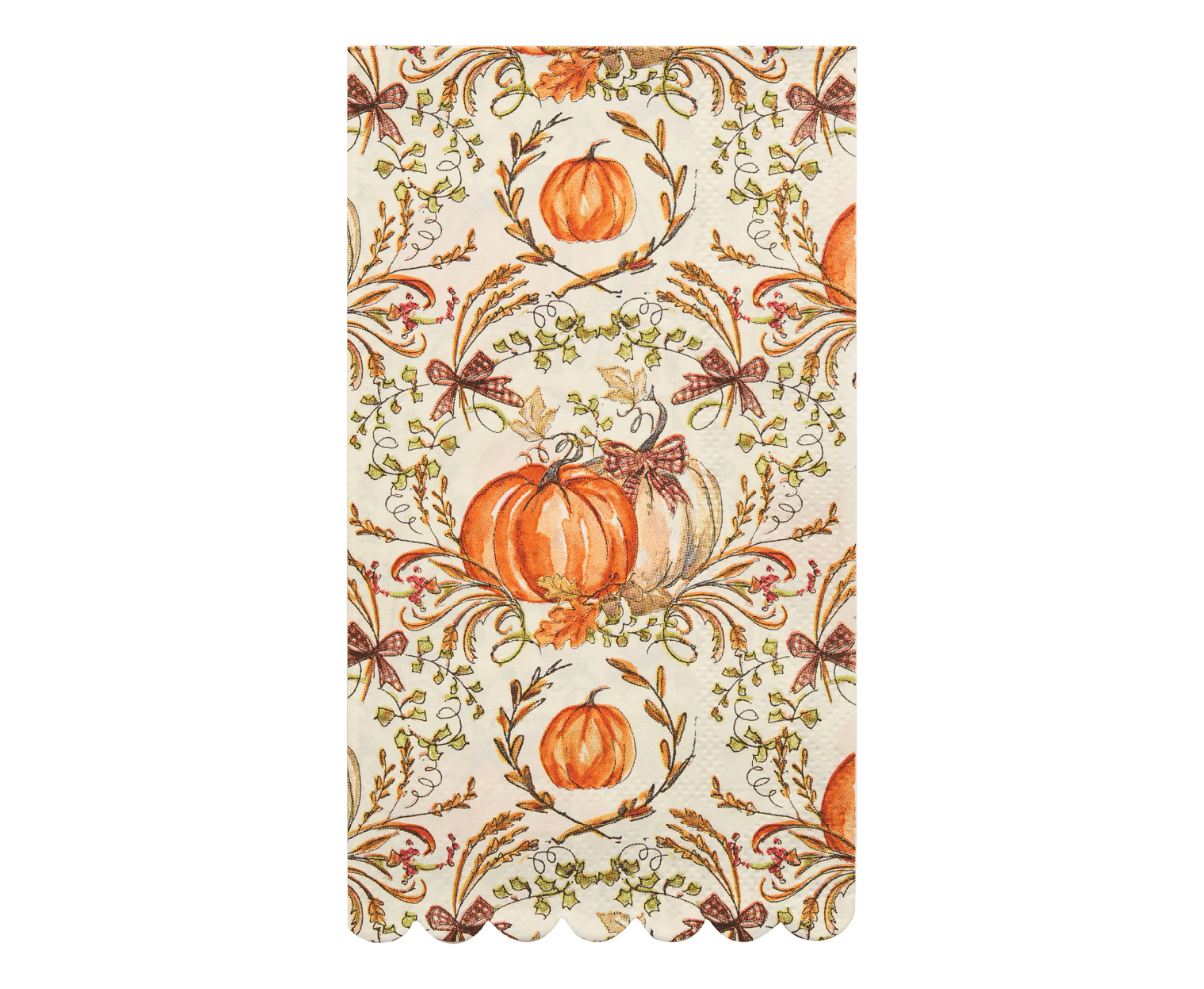 Fall-themed scalloped guest towel with watercolor pumpkin and foliage design