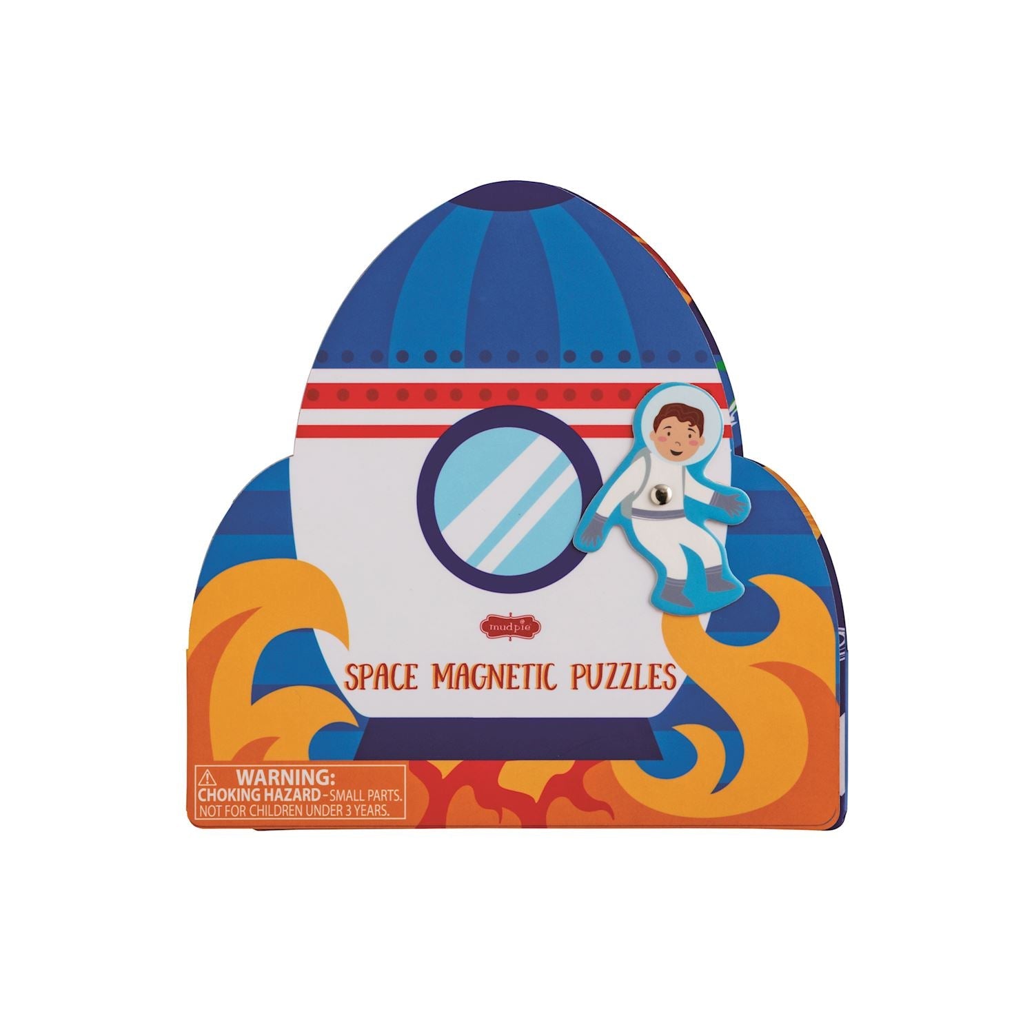 Space magnetic puzzle book shaped like a rocket ship with colorful astronaut scenes