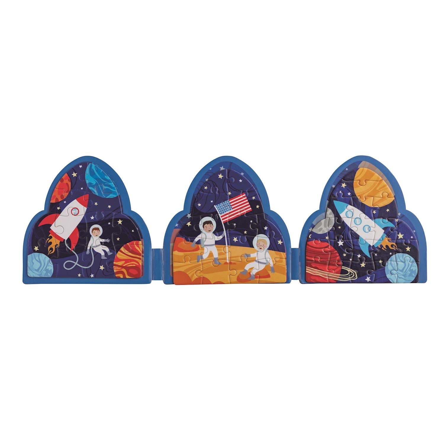 Space magnetic puzzle book shaped like a rocket ship with colorful astronaut scenes