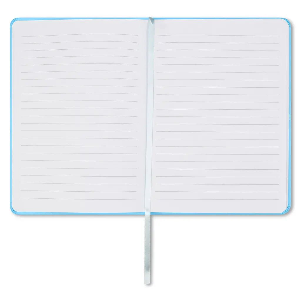 Blue rhinestone-covered journal with colorful lined pages and ribbon bookmark