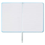 Blue rhinestone-covered journal with colorful lined pages and ribbon bookmark