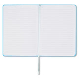 Blue rhinestone-covered journal with colorful lined pages and ribbon bookmark