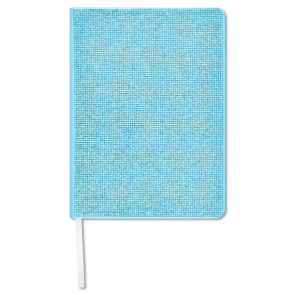 Blue rhinestone-covered journal with colorful lined pages and ribbon bookmark