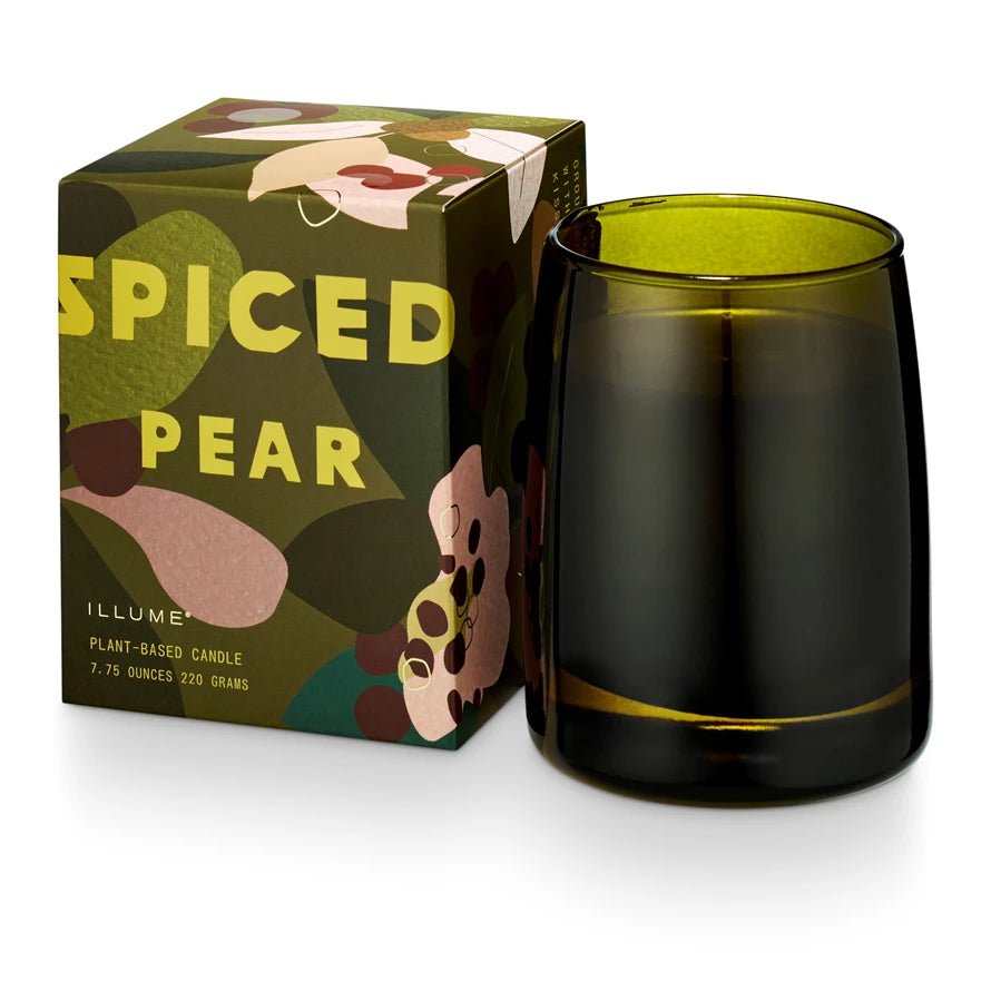Spiced Pear candle in green glass vessel with abstract floral packaging and warm fall fragrance