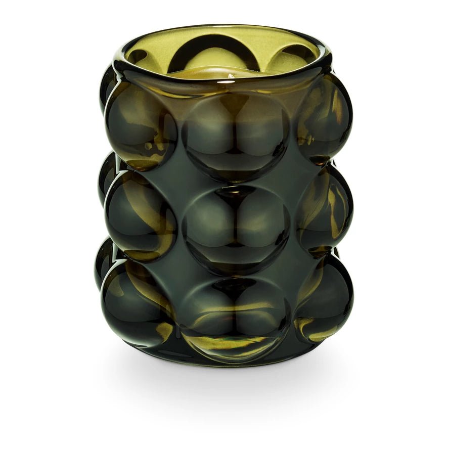 Spiced Pear candle in olive green bubbled glass vessel with warm fall fragrance