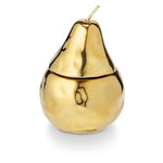 Spiced Pear candle in a shiny gold pear-shaped jar with sweet and spicy holiday scent