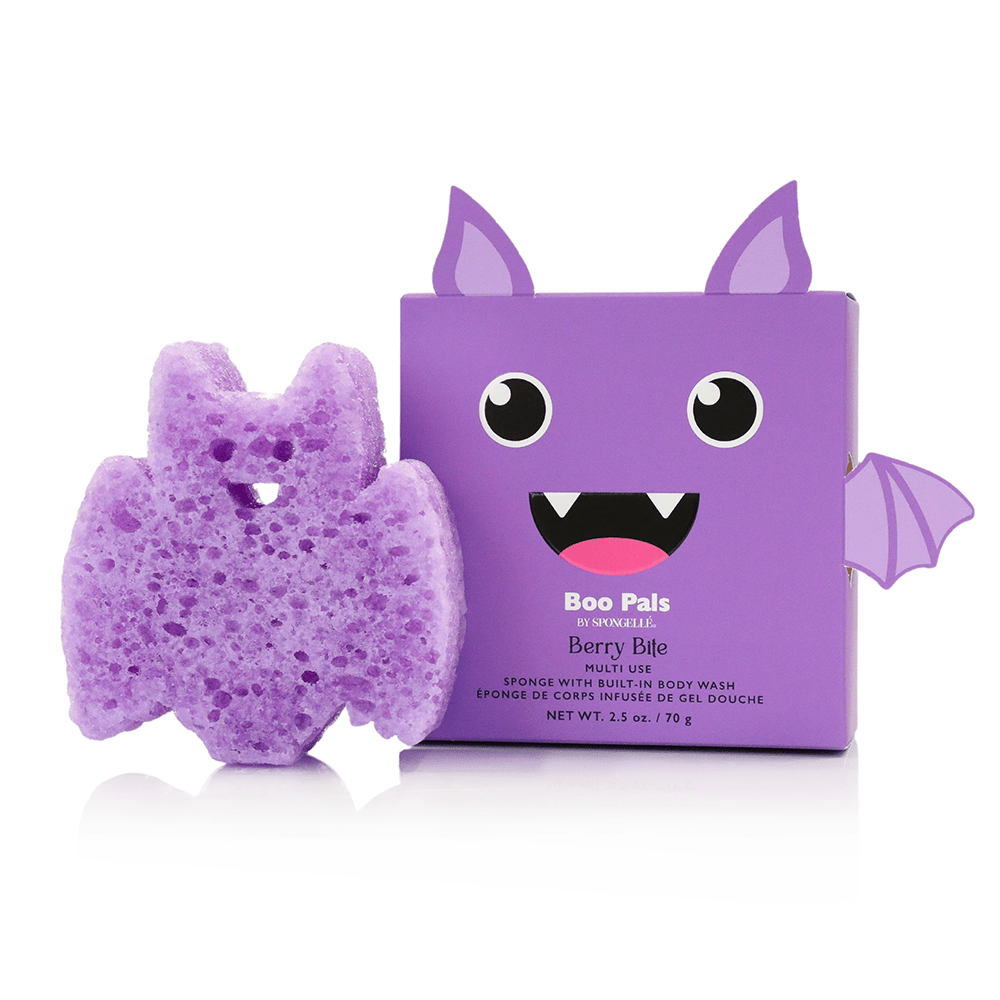 Purple bat-shaped sponge with a matching packaging box on a white background