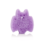 Purple bath sponge shaped like a bat on a white background