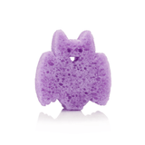 Purple bath sponge shaped like a bat on a white background