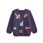 Navy toddler sweatshirt with felt patches of football, basketball, foam finger, and sports icons