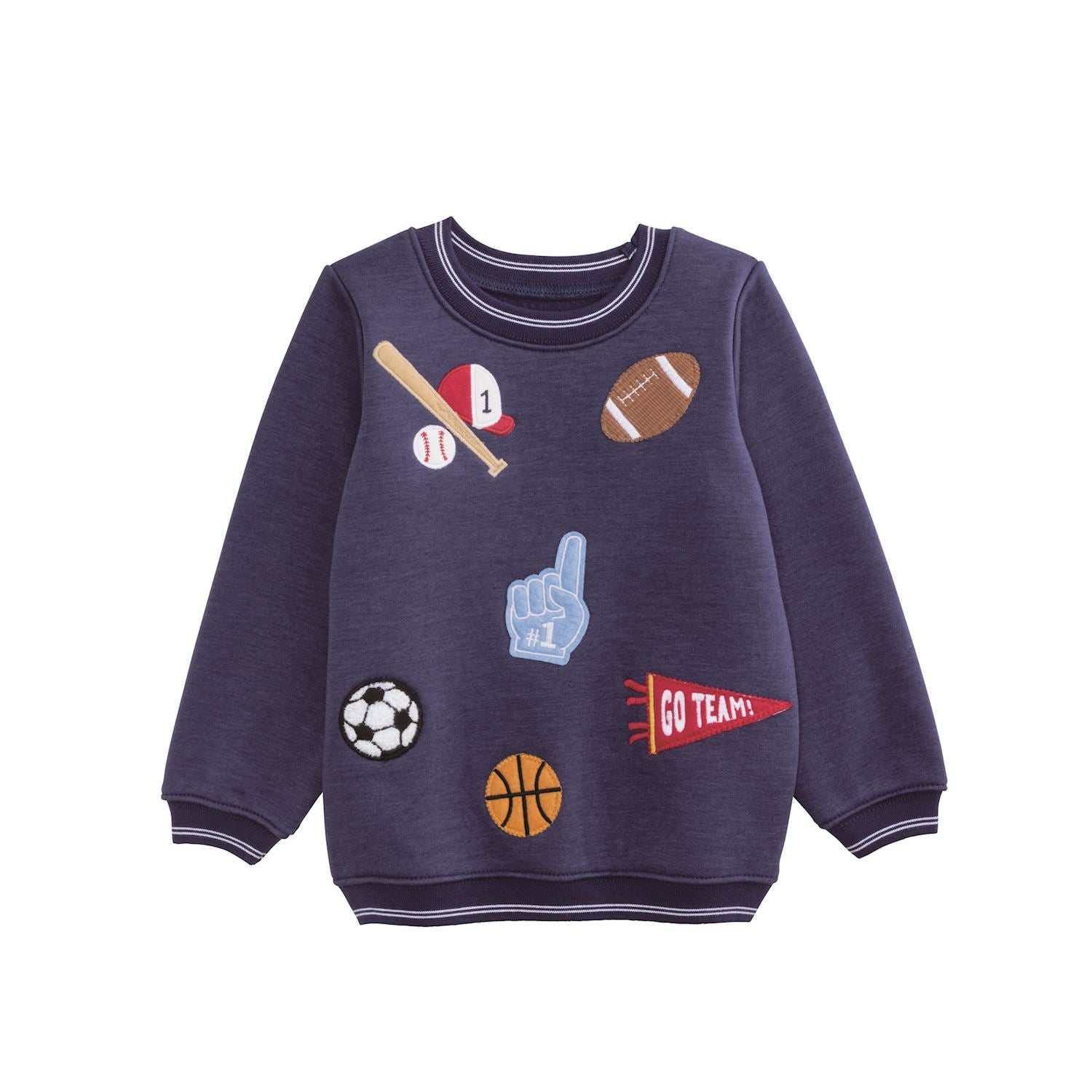 Navy toddler sweatshirt with felt patches of football, basketball, foam finger, and sports icons