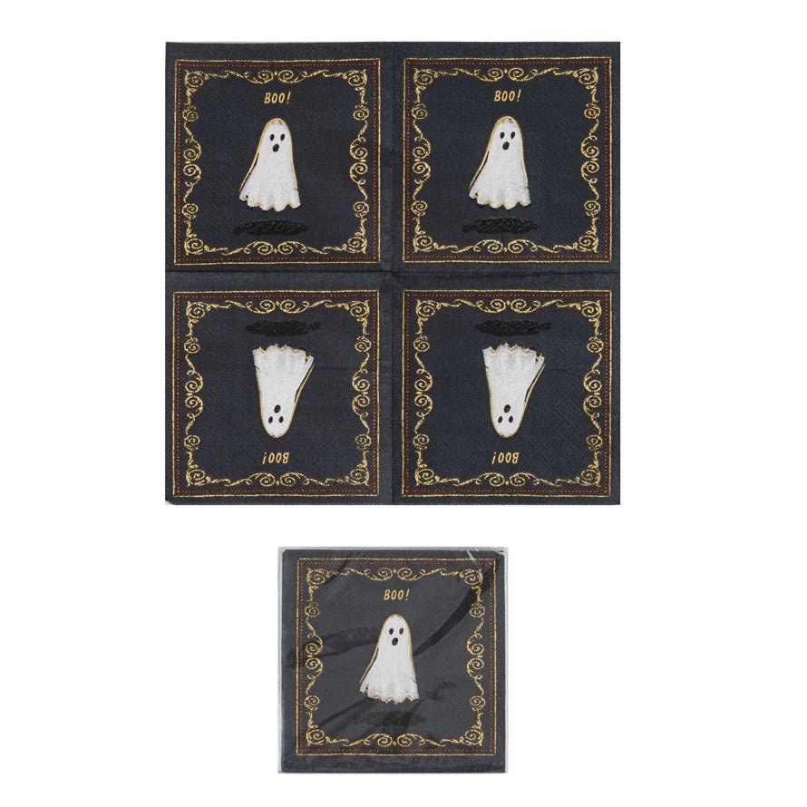 Square Paper Cocktail Napkins, 4" Square, w/ Ghost "BOO" by Creative Co Op at Confetti Gift and Party