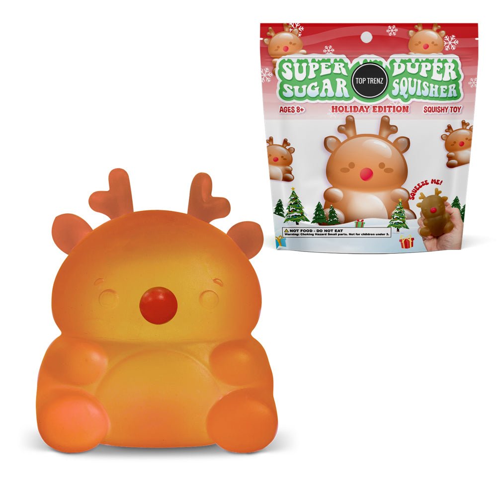 Super Duper Sugar Squisher reindeer squishy toy in bright holiday colors