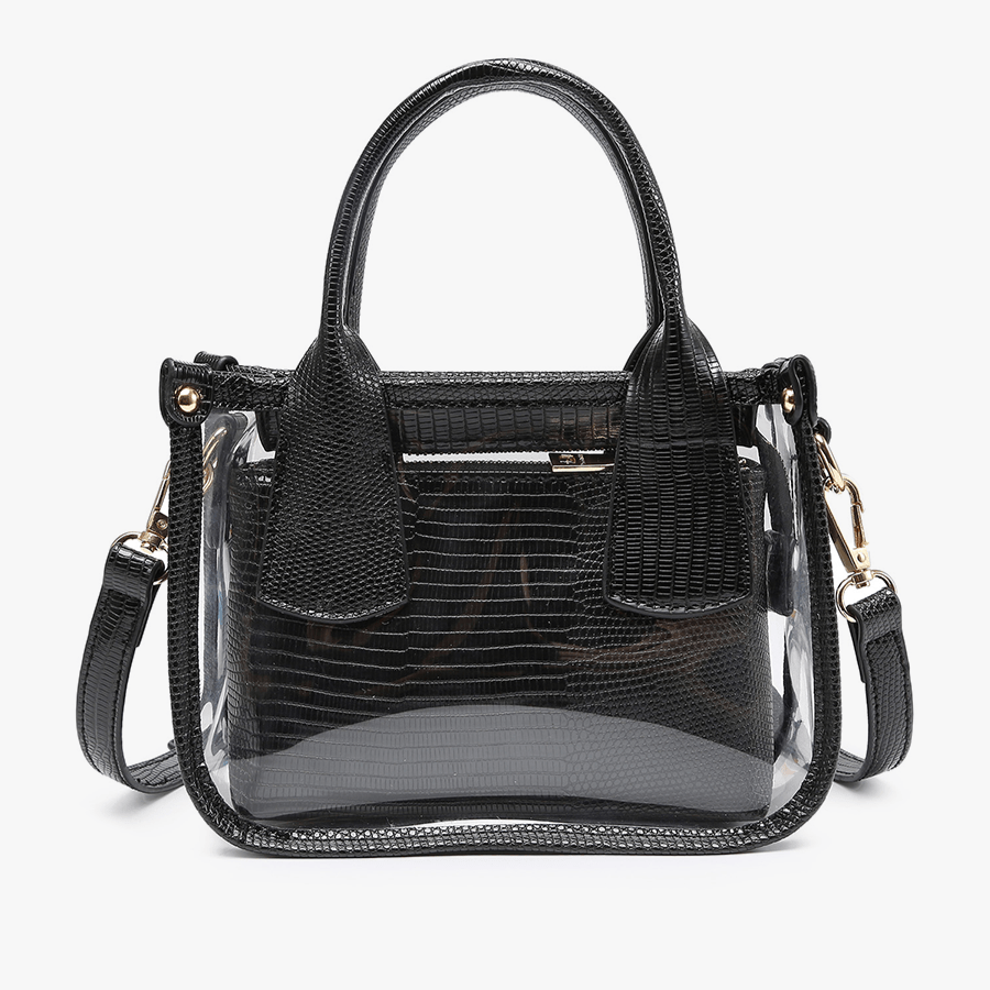 Black handbag with clear accents on a white background