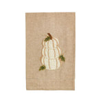 Chambray hand towel with white stacked pumpkin appliqué and French knot detailing