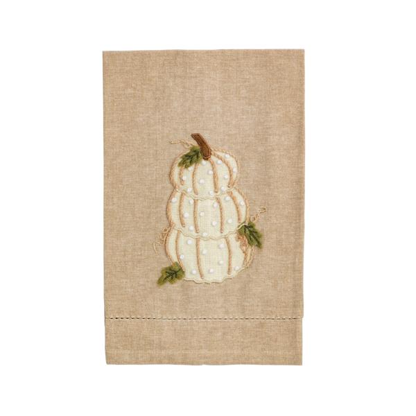Chambray hand towel with white stacked pumpkin appliqué and French knot detailing