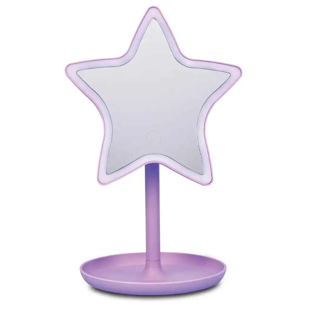 A star-shaped vanity mirror with a lavender base and LED lighting, perfect for beauty routines or room décor.